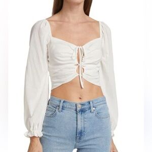 Astr The Label Fremont White Puff Sleeve Tie Front Top